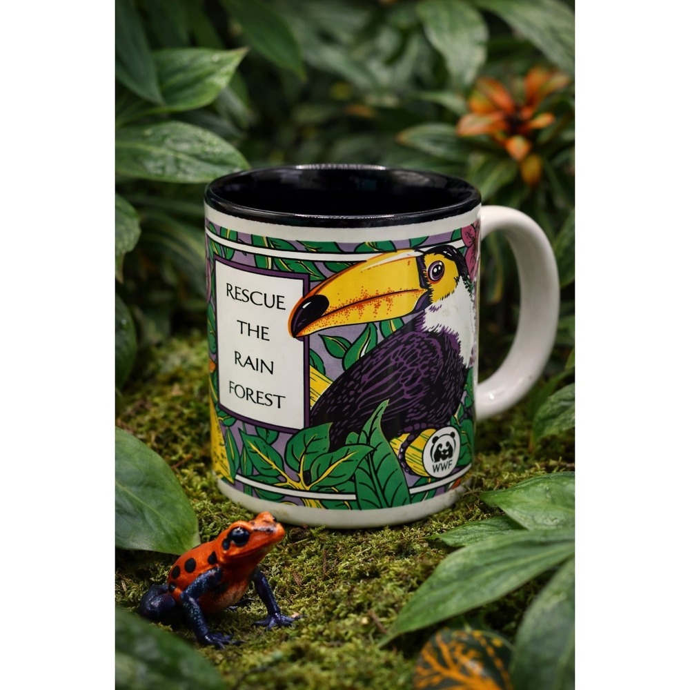 Vintage 1991 WWF Rainforest Art Mug Kay Dee Designs Toucan Nature Cup Coffee‎